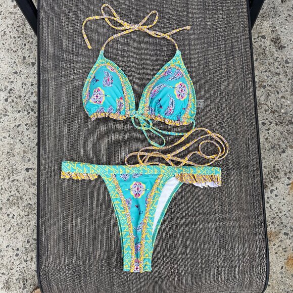 Unbranded Bikini Swimsuit Turquoise Green Print Large Boho - Picture 1 of 5